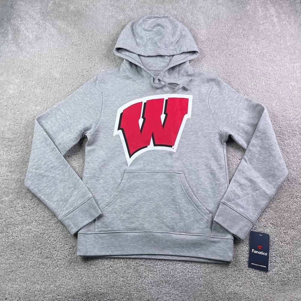 NEW Wisconsin Badgers Hoodie Mens Small Grey‎ Red Logo Fanatics Sweatshirt NWT